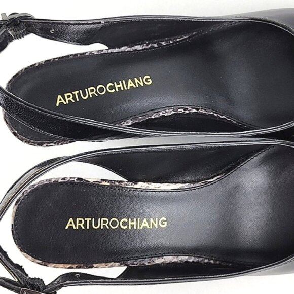 ARTURO CHIANG Black Leather Reptile Print Wedge Slingback Shoe Peep Toe Sz 7.5M - Picture 11 of 16